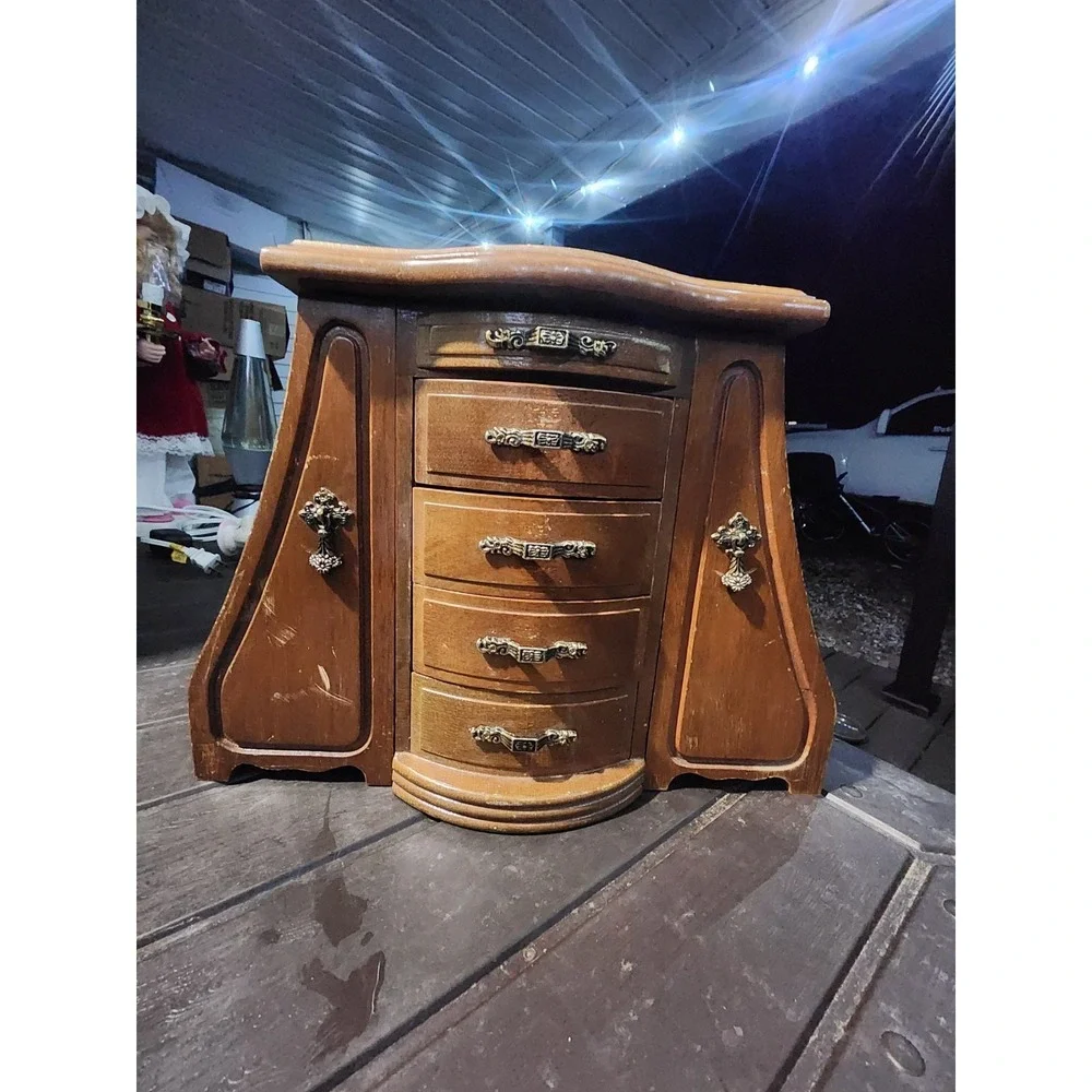Vintage RARE Solid Wood Armoire Style Tabletop Jewelry Box, Swing Doors 5 Drawer